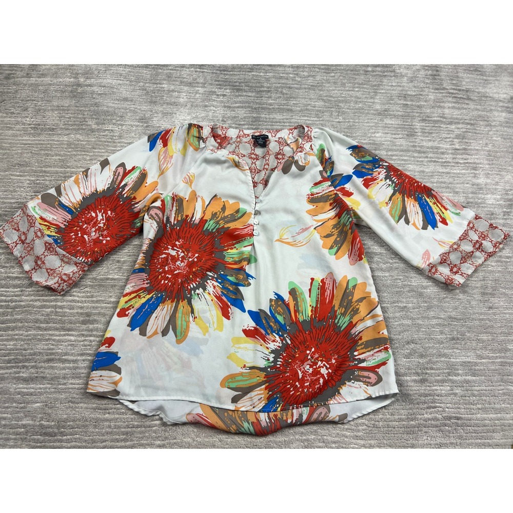 New Directions Blouse Womens S Multicolor Floral Tunic 3/4 Sleeve V-Neck Top